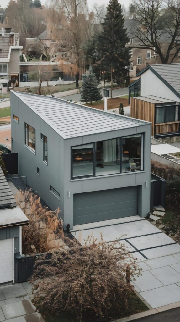 modern grey house with gray garage door portal suburb new house - Takspesialisten
